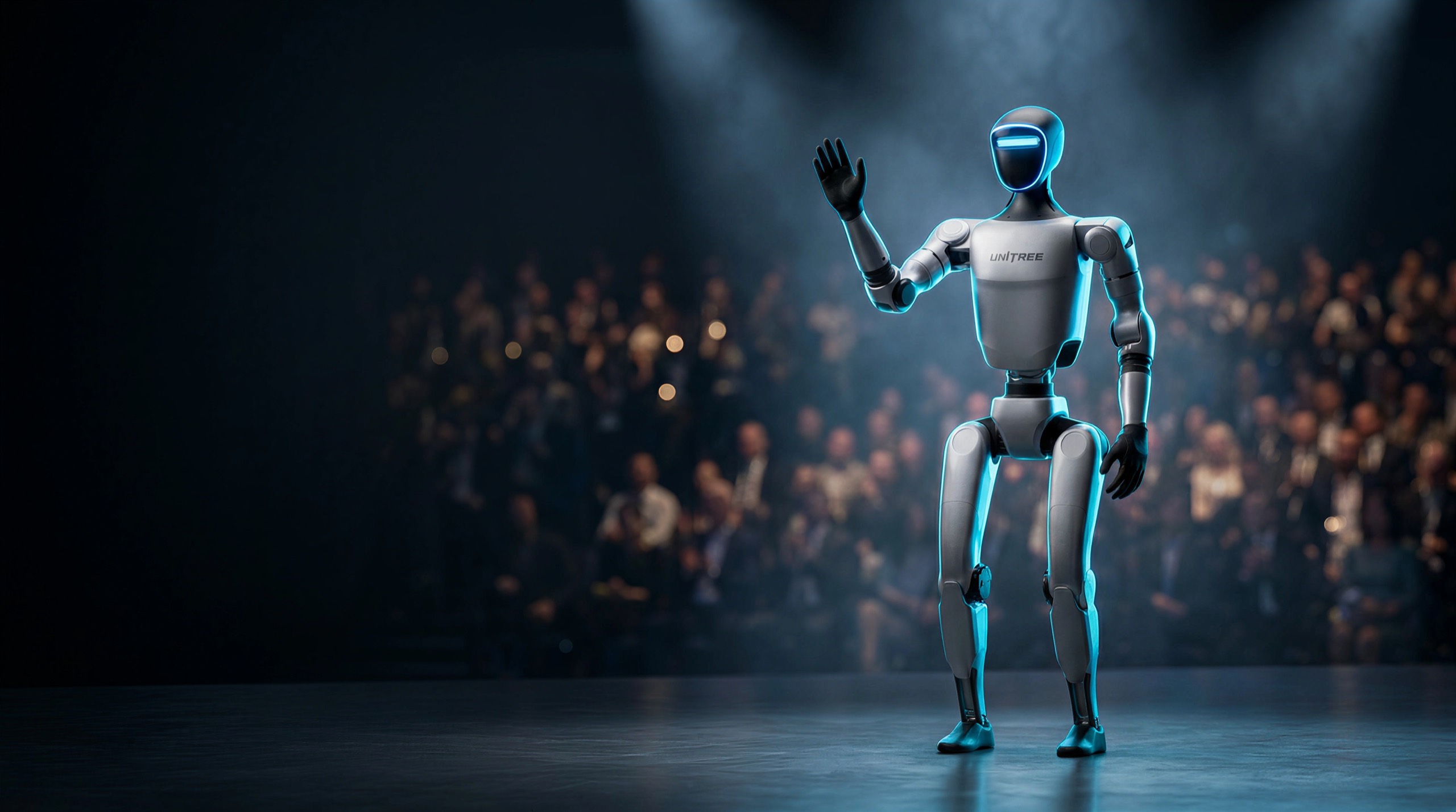 Robot humanoidalny Unitree G1 witający uczestników wydarzenia na scenie